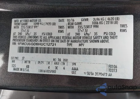 2017 Ford Escape Se из США, поврежденный, VIN 1FMCU0GD6HUC12721